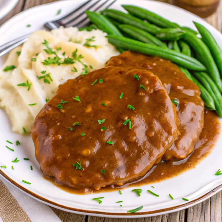 Two pieces of finished Crock Pot Bucket Steak smothered in gravy, served with mashed potatoes and fresh green beans on a white plate.