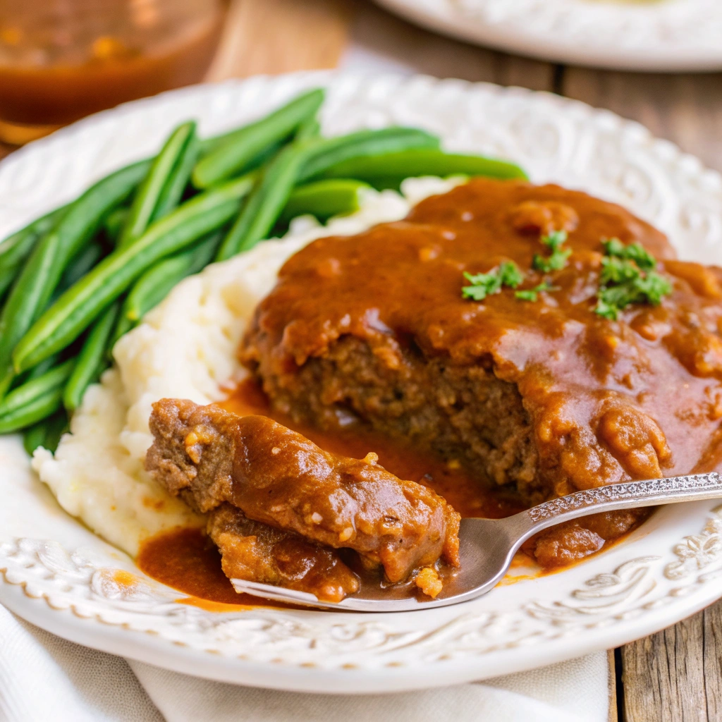 Tender Crock Pot Bucket Steak and gravy being cut with a fork, served with mashed potatoes and green beans.