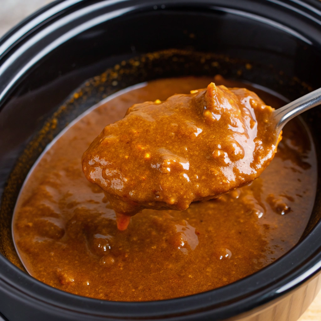 Rich brown gravy being lifted from a black crock pot insert on a metal spoon.