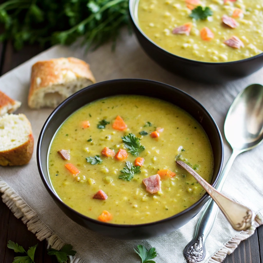Split pea soup in a serving bowl.