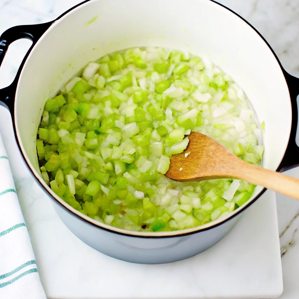 Showing how to make split pea soup. Sauteing celery and onion in pot.