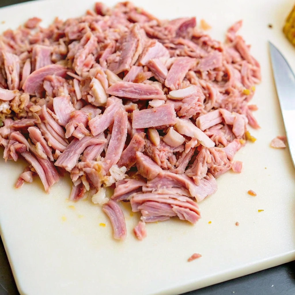 shredded ham on a cutting board