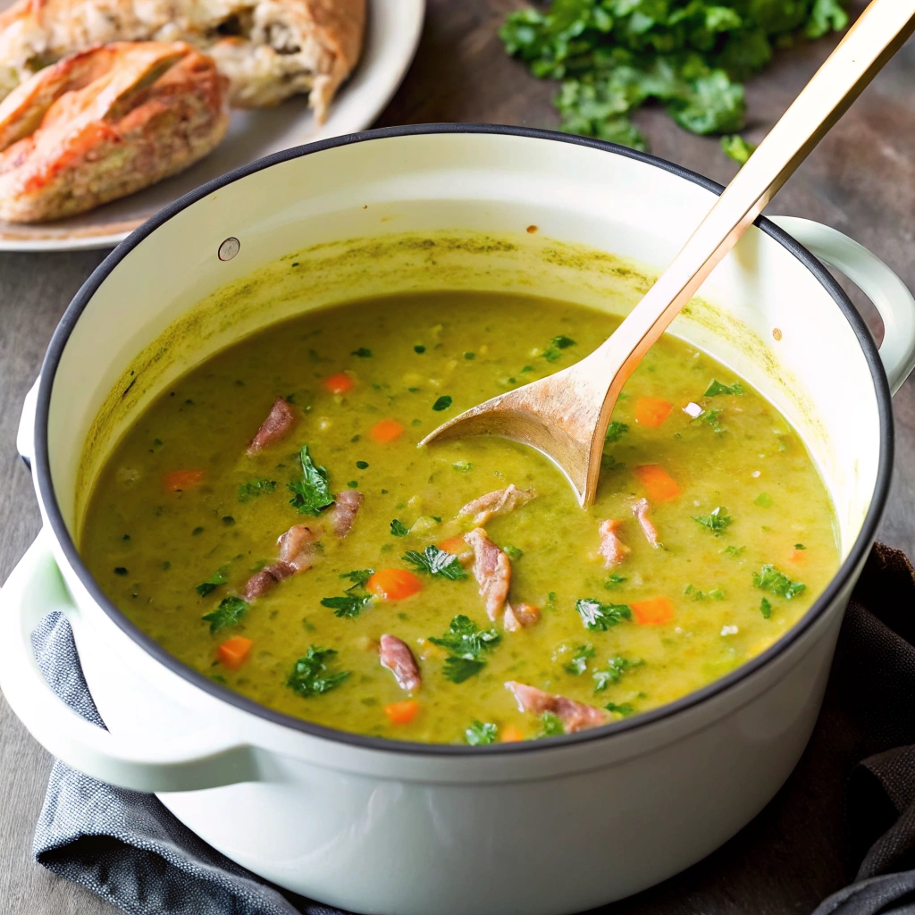 Pot of homemade split pea soup.