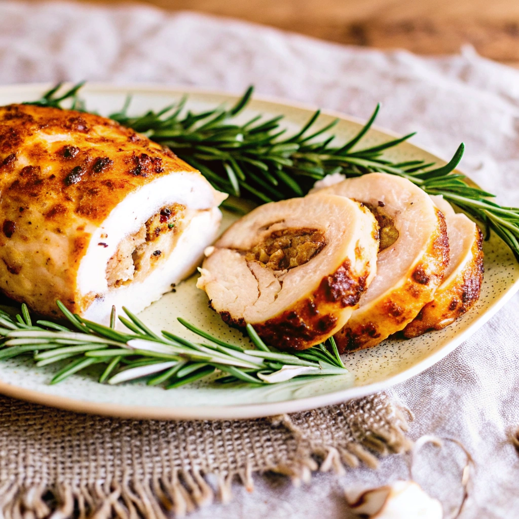 a whole stuffed turkey breast on a large plate