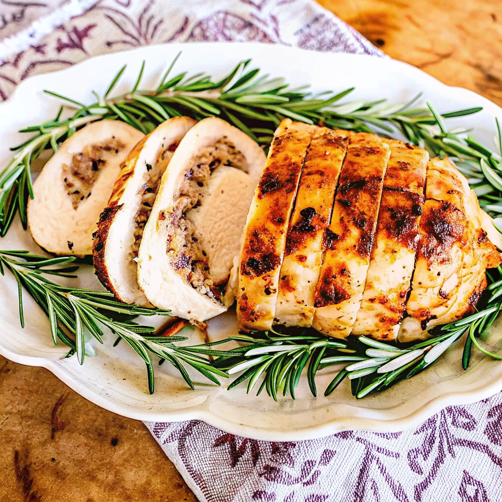 slices of turkey roulade on an cream oval plate