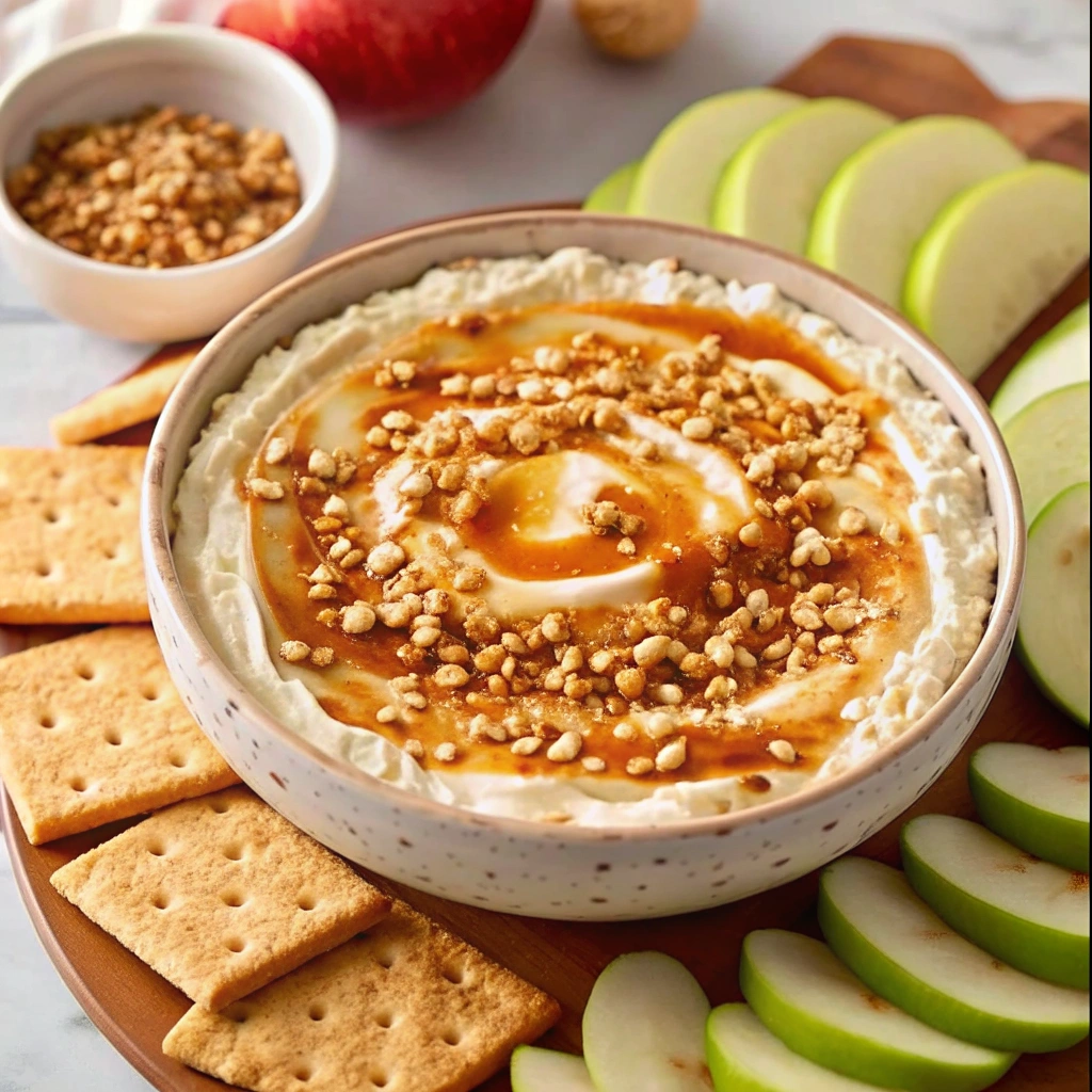 Easy caramel apple dip recipe served on a wooden board with sliced green apples, red apples, and graham crackers.