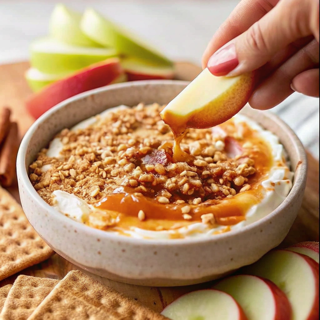 Hand dipping a slice of red apple into creamy caramel dip with toffee crumbles and cinnamon sticks nearby.