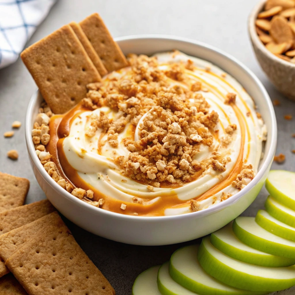 Overhead shot of rich, creamy apple dip swirled with caramel and topped with toffee, served with graham crackers.