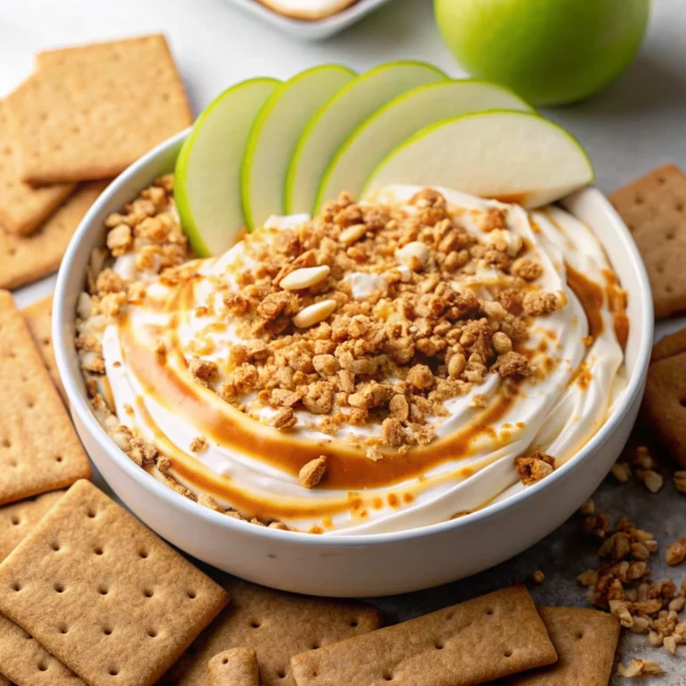 Creamy Caramel Apple Dip topped with toffee crumbles and sliced Granny Smith apples, surrounded by graham crackers.