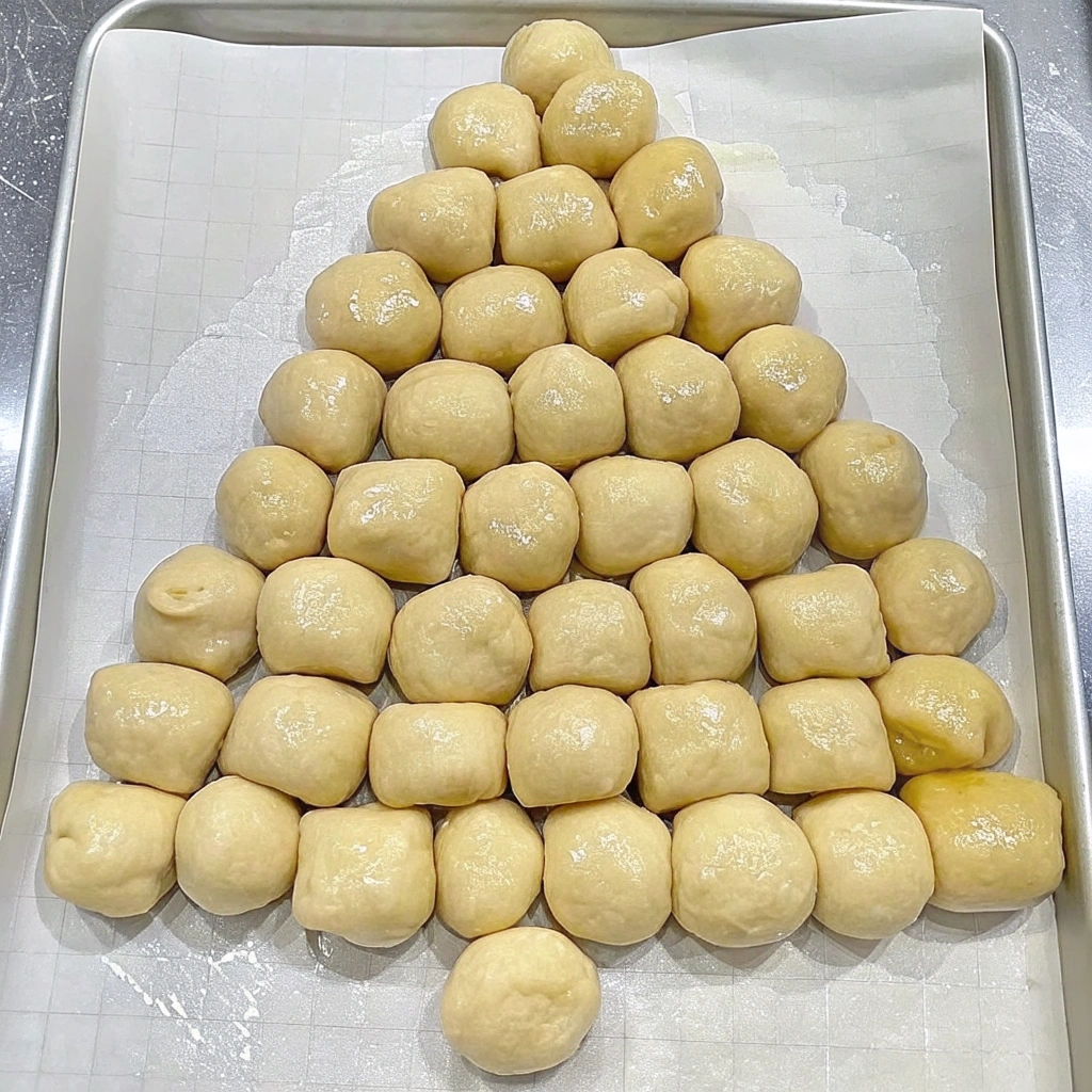dough balls on the prepared baking sheet seam side down in the shape of a Christmas tree