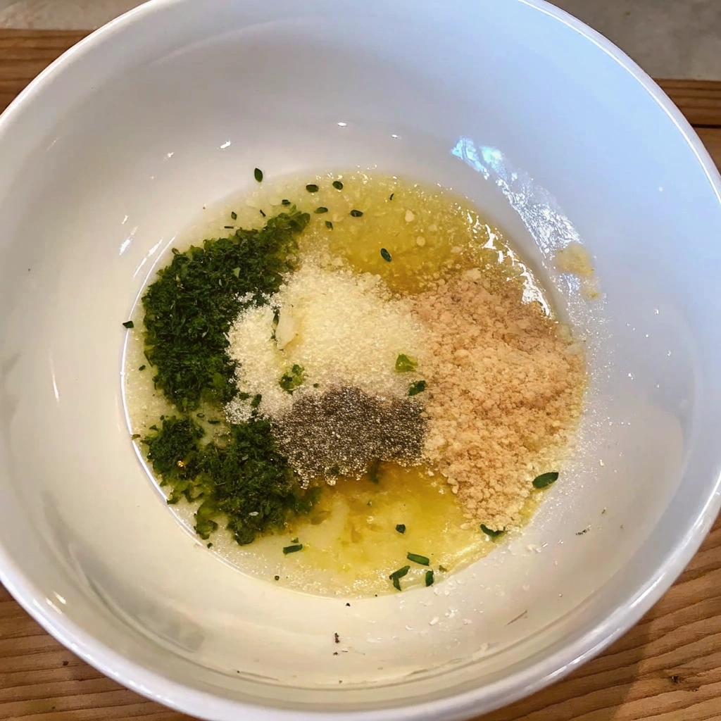 parmesan cheese and garlic and herbs to the melted butter