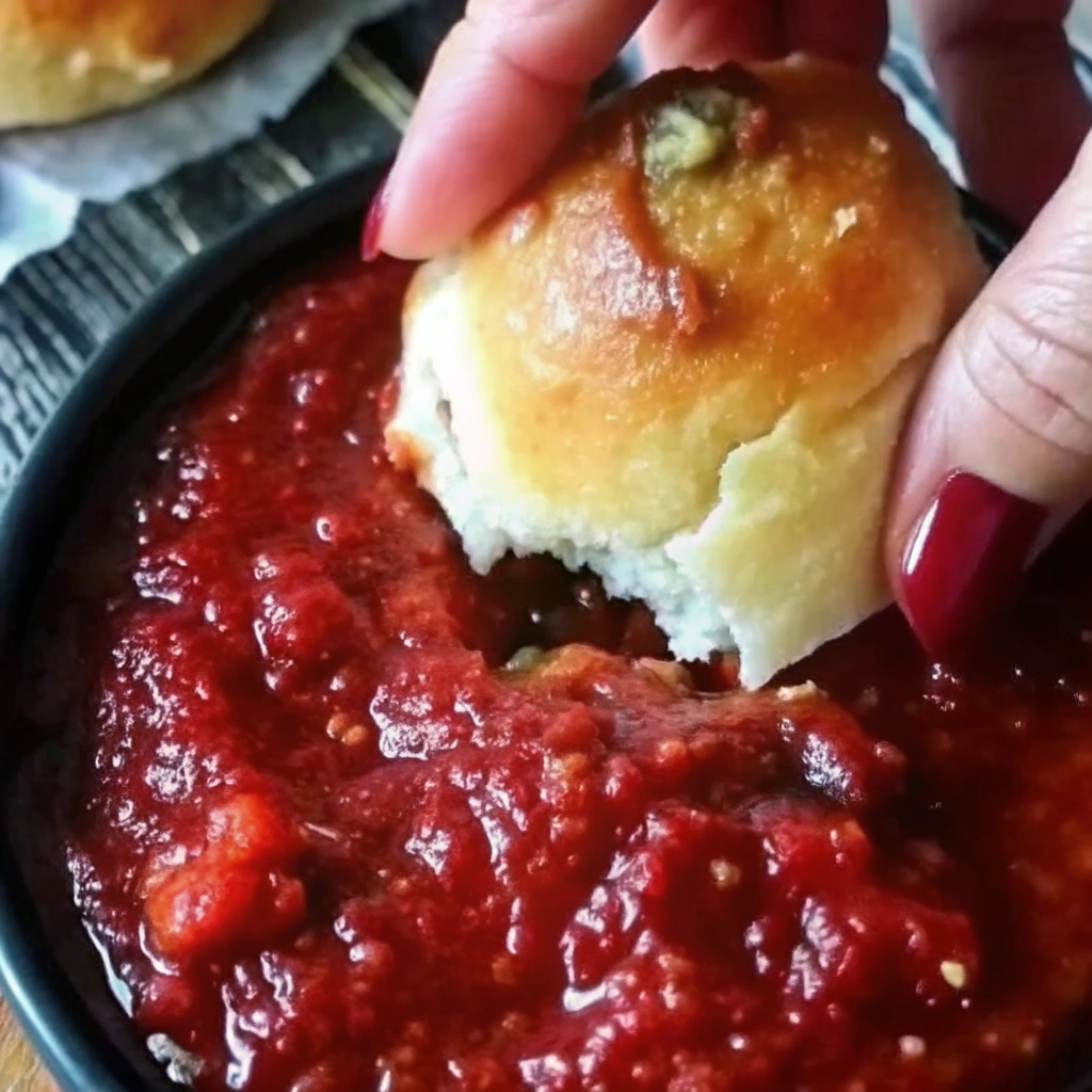 Close-up of a pulled-apart piece of the Cheesy Christmas Tree Bread being dipped into a bowl of marinara sauce