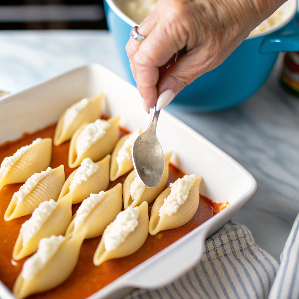 Fill each pasta shell with the cheese mixture and place open side up in a single layer in the baking dish