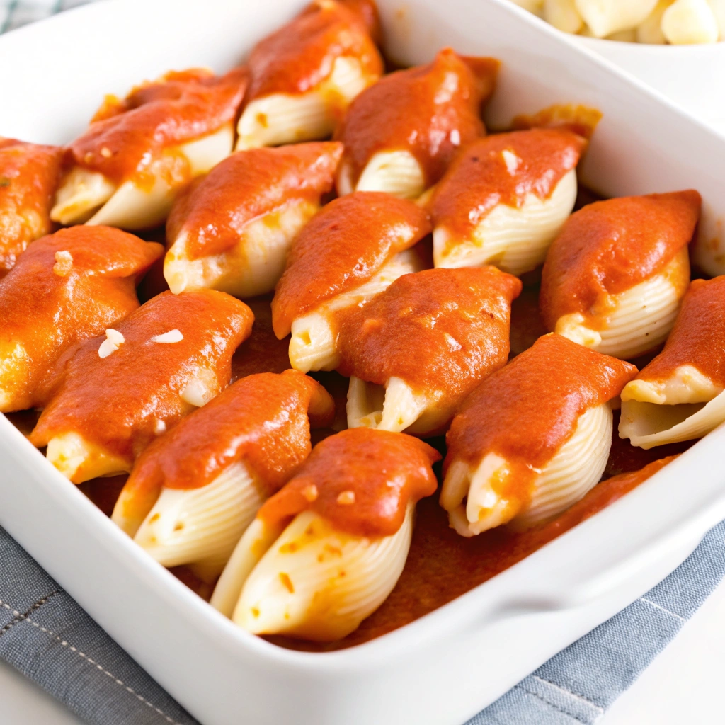 Spoon another cup or more of sauce over the shells and cover with foil