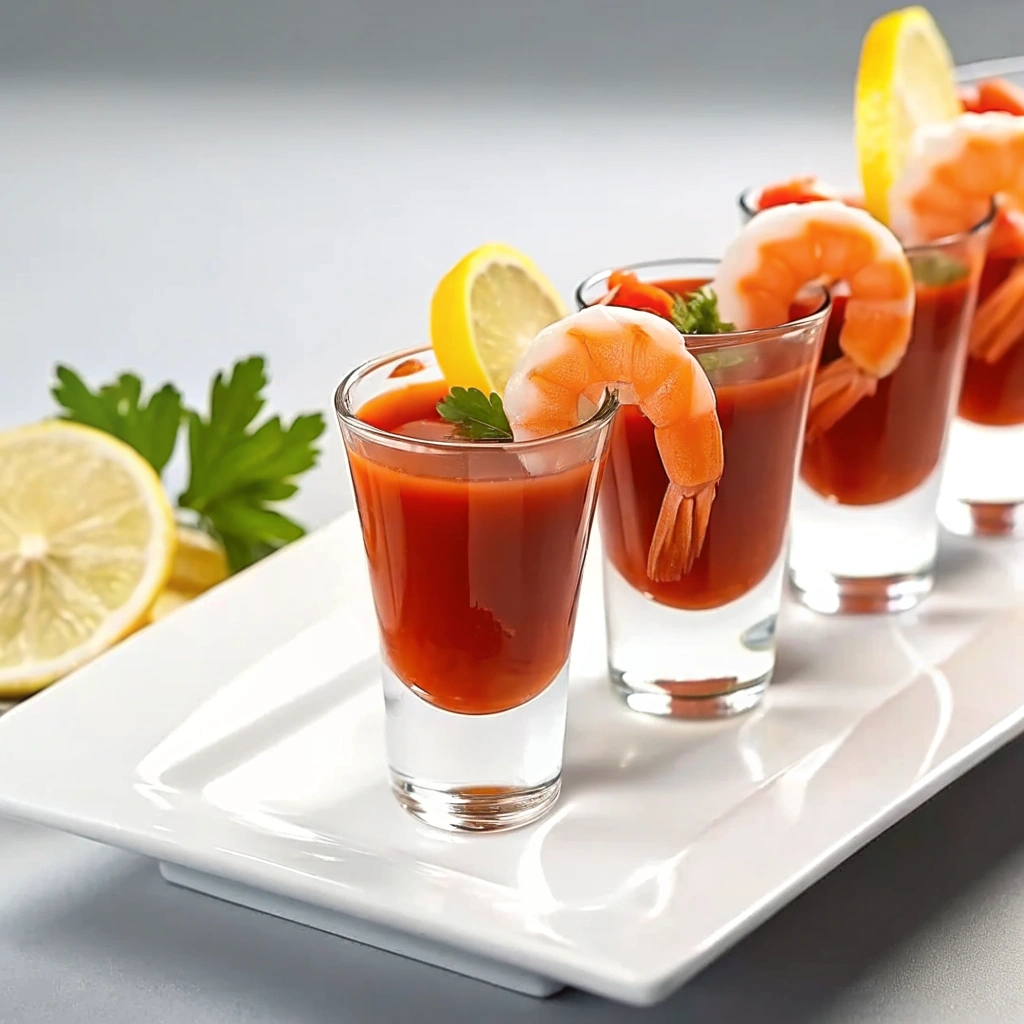 Shrimp cocktail shooters with spicy cocktail sauce