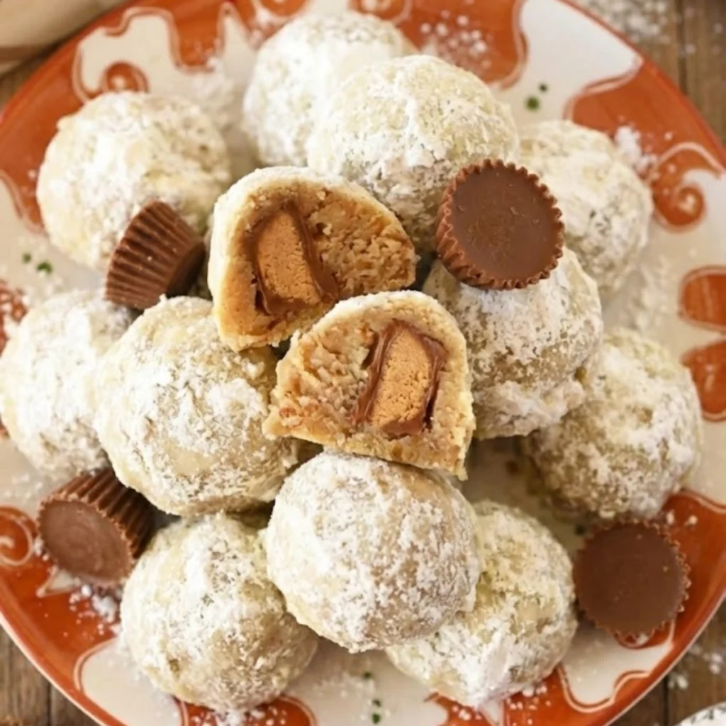 Peanut Butter Cup Stuffed Snowball Cookie cut into half
