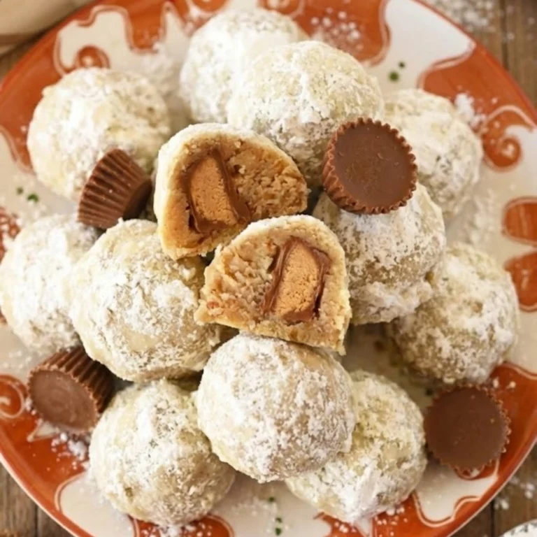 Peanut Butter Cup Stuffed Snowball Cookie cut into half