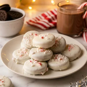 Peppermint Crunch Oreos served with hot chocolate