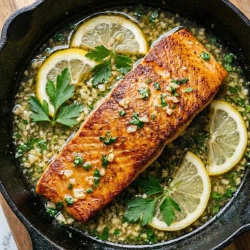 One Skillet Salmon with Lemon Garlic Butter