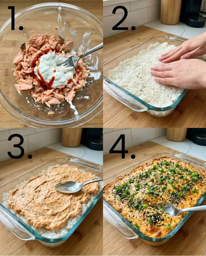 Spicy Salmon Sushi Bake Recipe steps