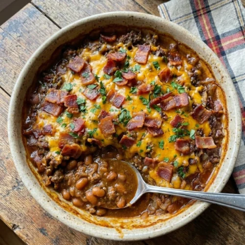 Sweet & Smoky Ground Beef & Baked Bean Casserole