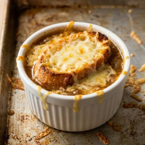 French Onion Soup with Cheesy Bread Topping