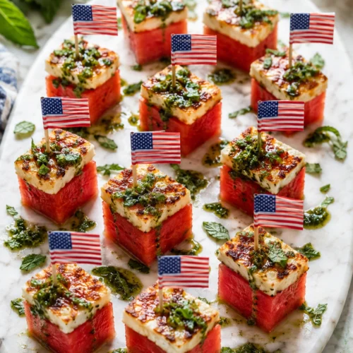 Watermelon Halloumi Bites with Basil-Mint Oil