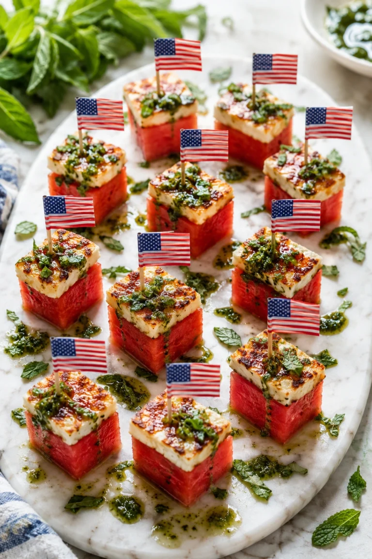 Watermelon Halloumi Bites with Basil-Mint Oil