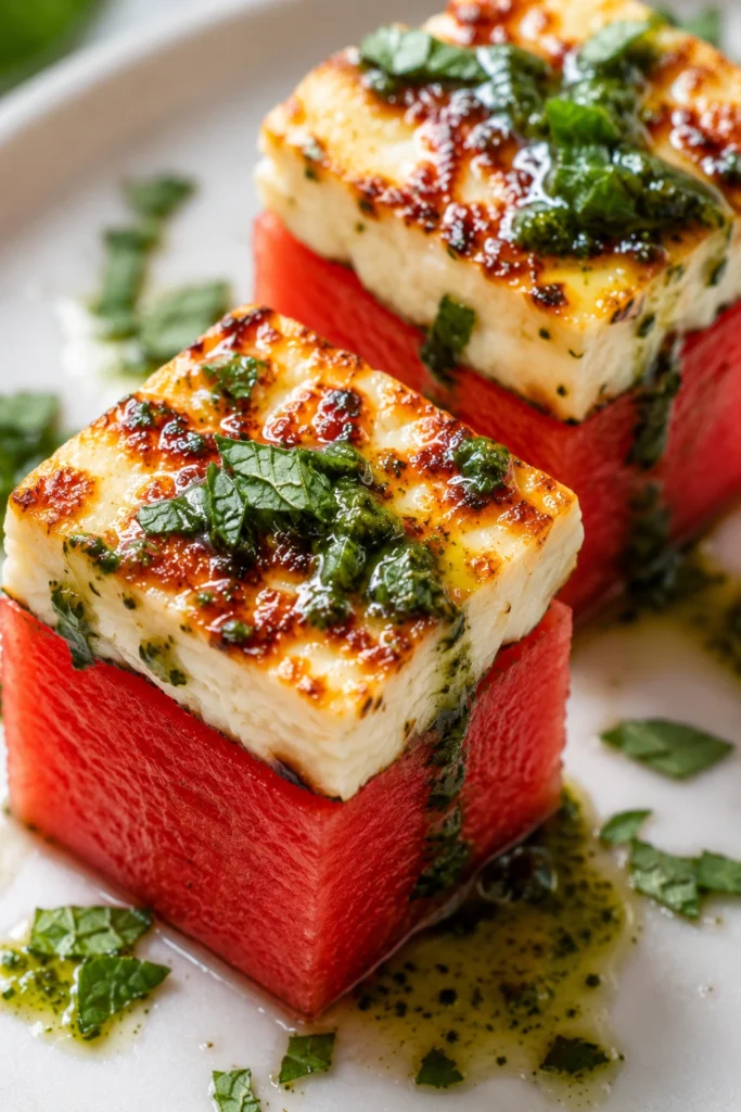 Watermelon Halloumi Bites with Basil-Mint Oil