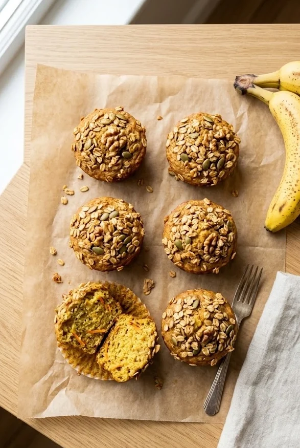 Banana Carrot Muffins with Granola Tops