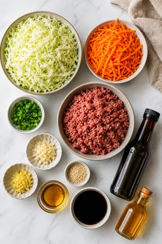 Ingredients of Egg Roll in a Bowl