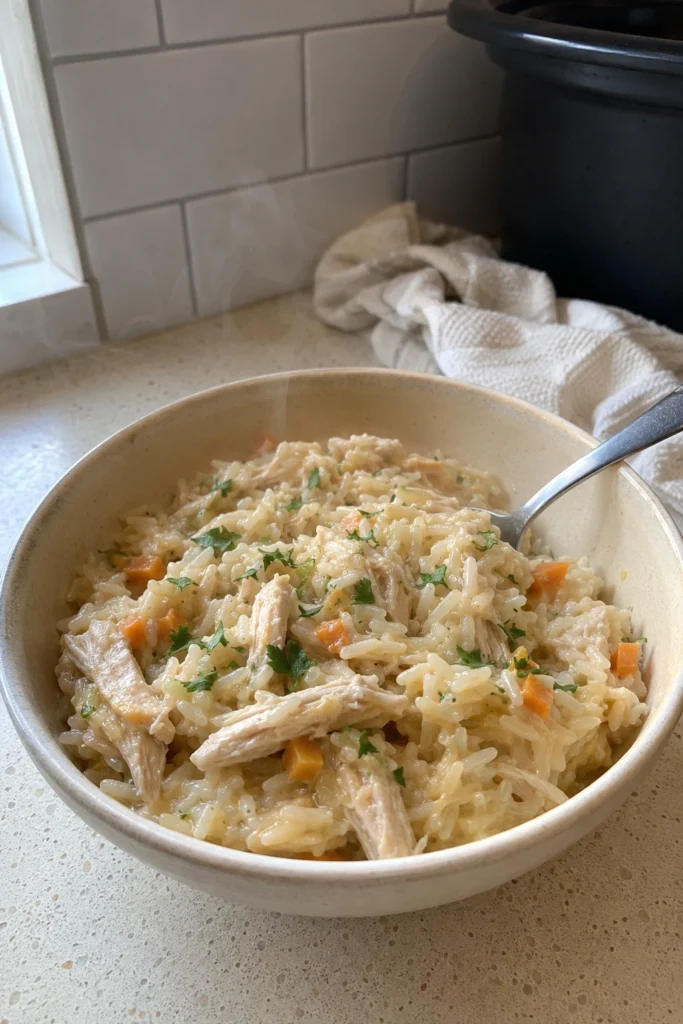 Creamy Crockpot Chicken and Rice hero shot 