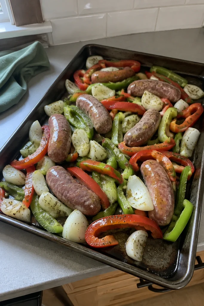 Sheet Pan Sausage and Peppers process